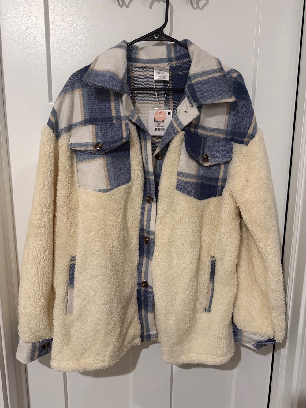 NWT Cozy Sherpa Plaid Shacket - Cream & Blue